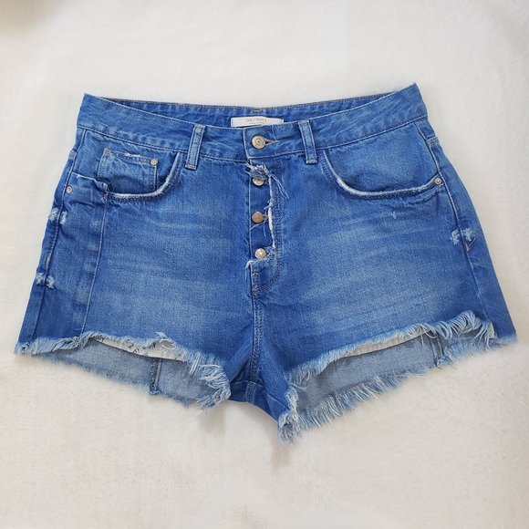 ZARA TRAFALUC High Rise Button Fly Frayed Denim Short SZ 8 - Picture 4 of 16